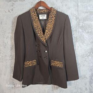 Kasper‎ for A.S.L. Women's Brown Double Breasted Blazer Leopard Trim Size 6